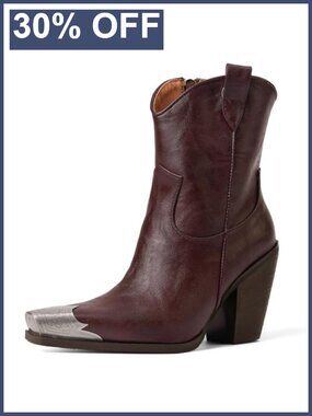Engraved Steel Toe Cowboy Ankle Boots Stacked Block Heel Faux Leather